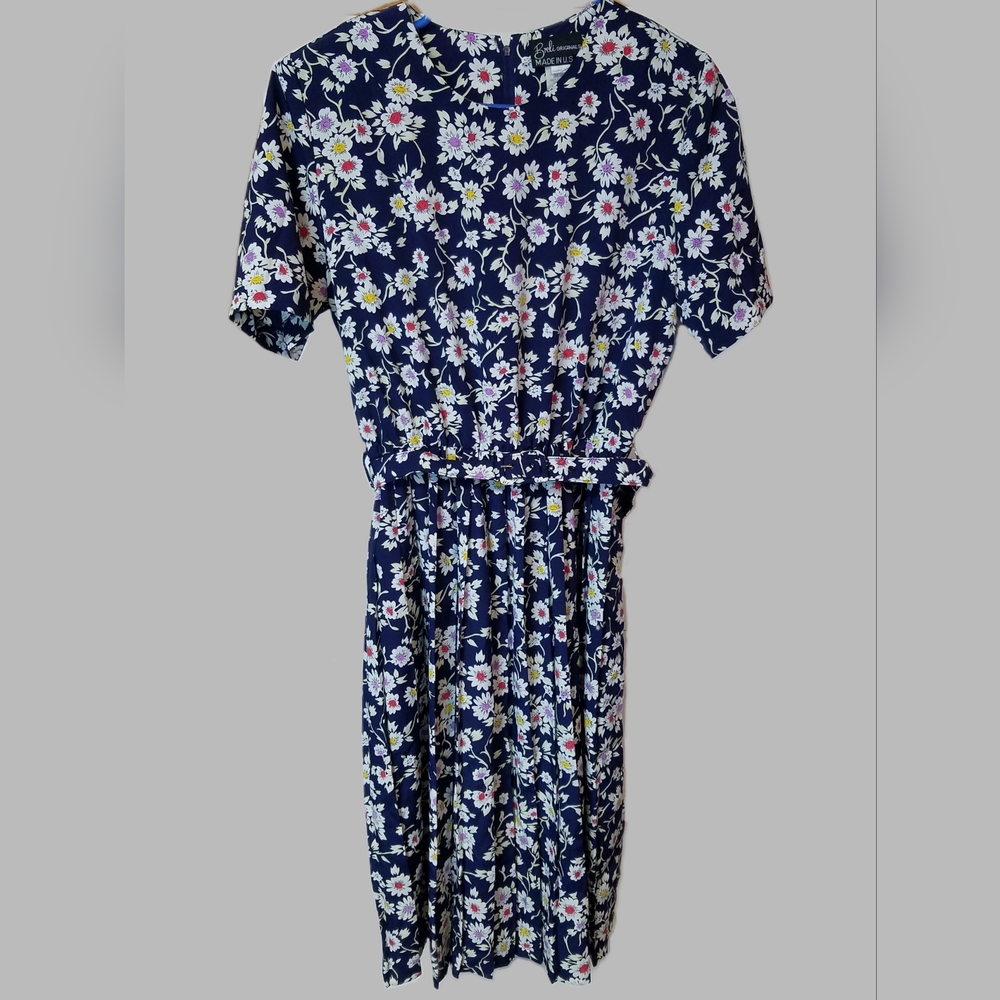 Vintage Breli Originals Dress Womens 10 Navy Blue Flowers Daisies Secretary.